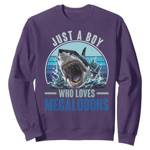 Just A Boy Who Loves Megalodons Sweatshirt Megalodon Shark Lover Retro Graphic TS11 Purple Print Your Wear