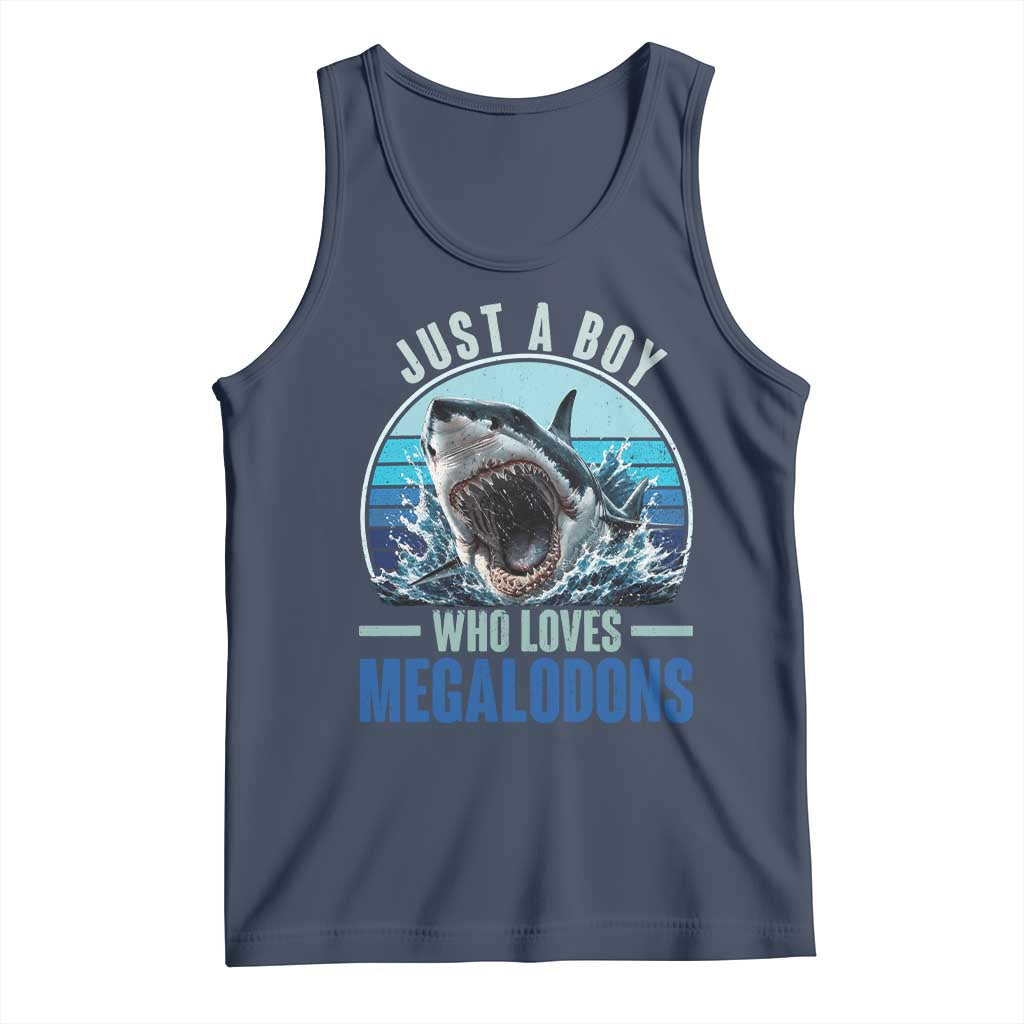 Just A Boy Who Loves Megalodons Tank Top Megalodon Shark Lover Retro Graphic TS11 Navy Print Your Wear