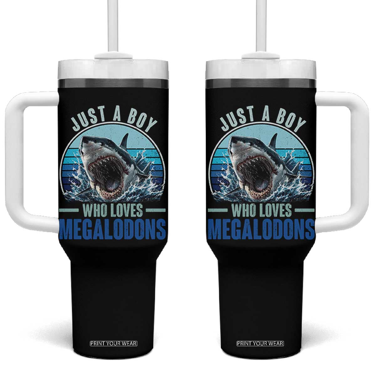 Just A Boy Who Loves Megalodons Tumbler With Handle Megalodon Shark Lover Retro Graphic TS11 One Size: 40 oz Black Print Your Wear