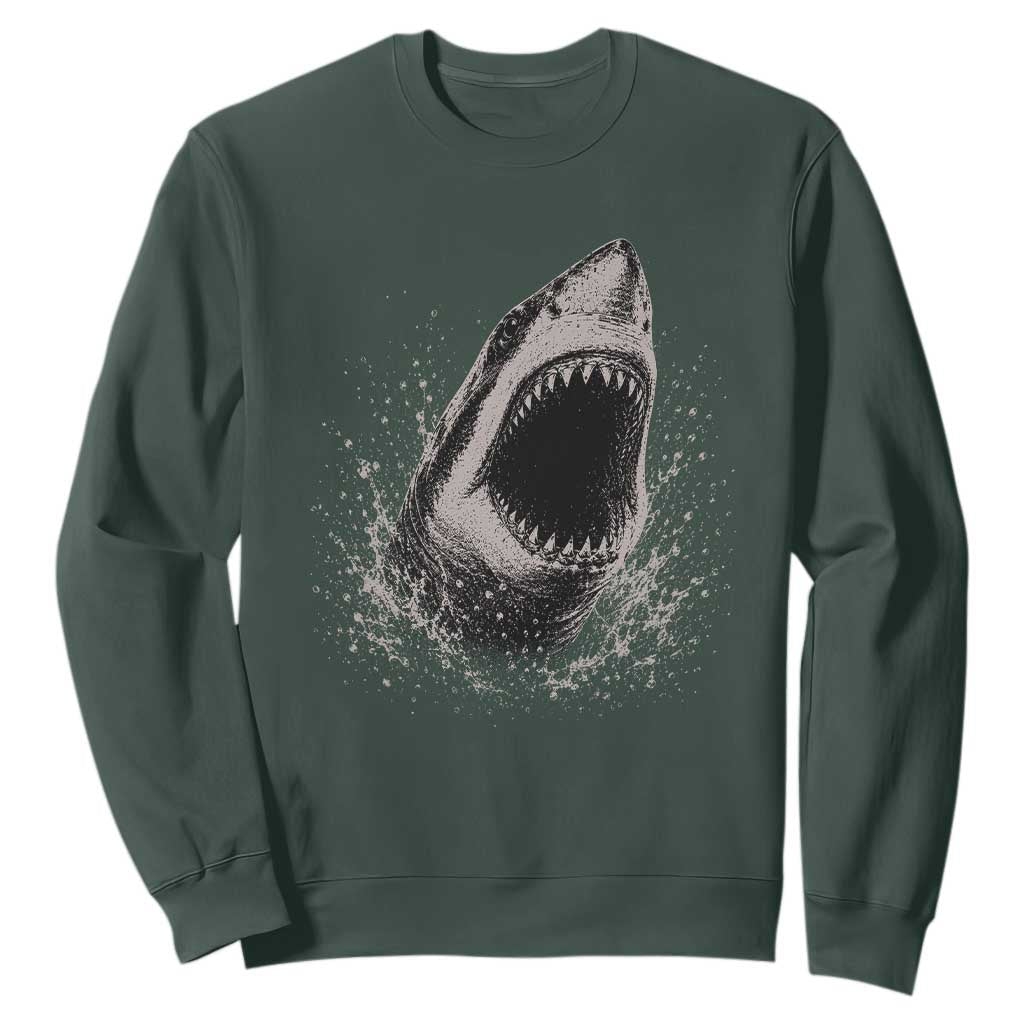 Vintage Great White Shark Jaw Graphic Sweatshirt Marine Life Gifts TS11 Dark Forest Green Print Your Wear