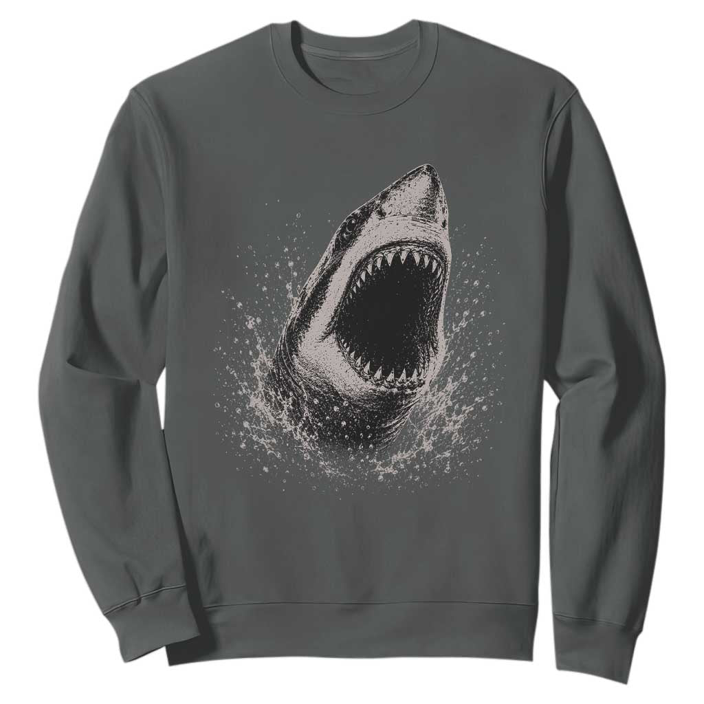 Vintage Great White Shark Jaw Graphic Sweatshirt Marine Life Gifts TS11 Dark Heather Print Your Wear