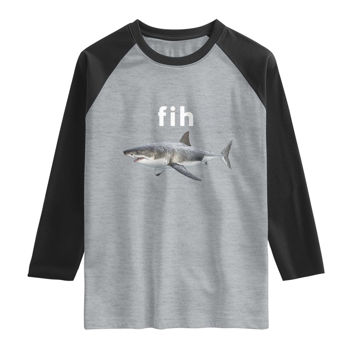 Funny Fih Shark Misspelled Fish Meme Raglan Shirt Great White Shark Lover TS11 Heather Gray Black Print Your Wear