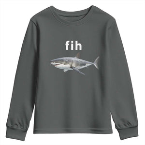 Funny Fih Shark Misspelled Fish Meme Youth Sweatshirt Great White Shark Lover TS11 Dark Heather Print Your Wear