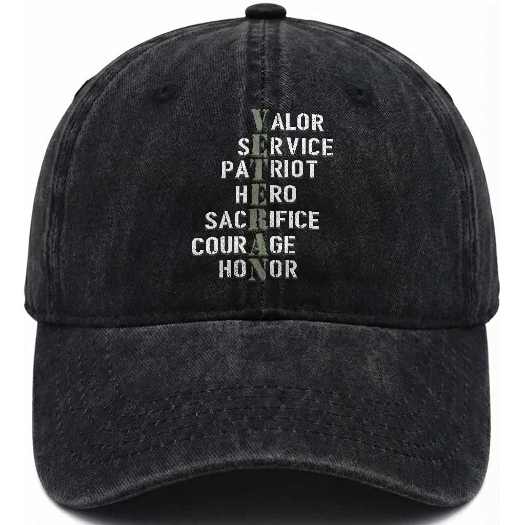 Veterans Valor Service Patriot Hero Sacrifice Courage Honor Washed Cotton Baseball Cap TS11 Washed Cap Universal Fit Black Print Your Wear