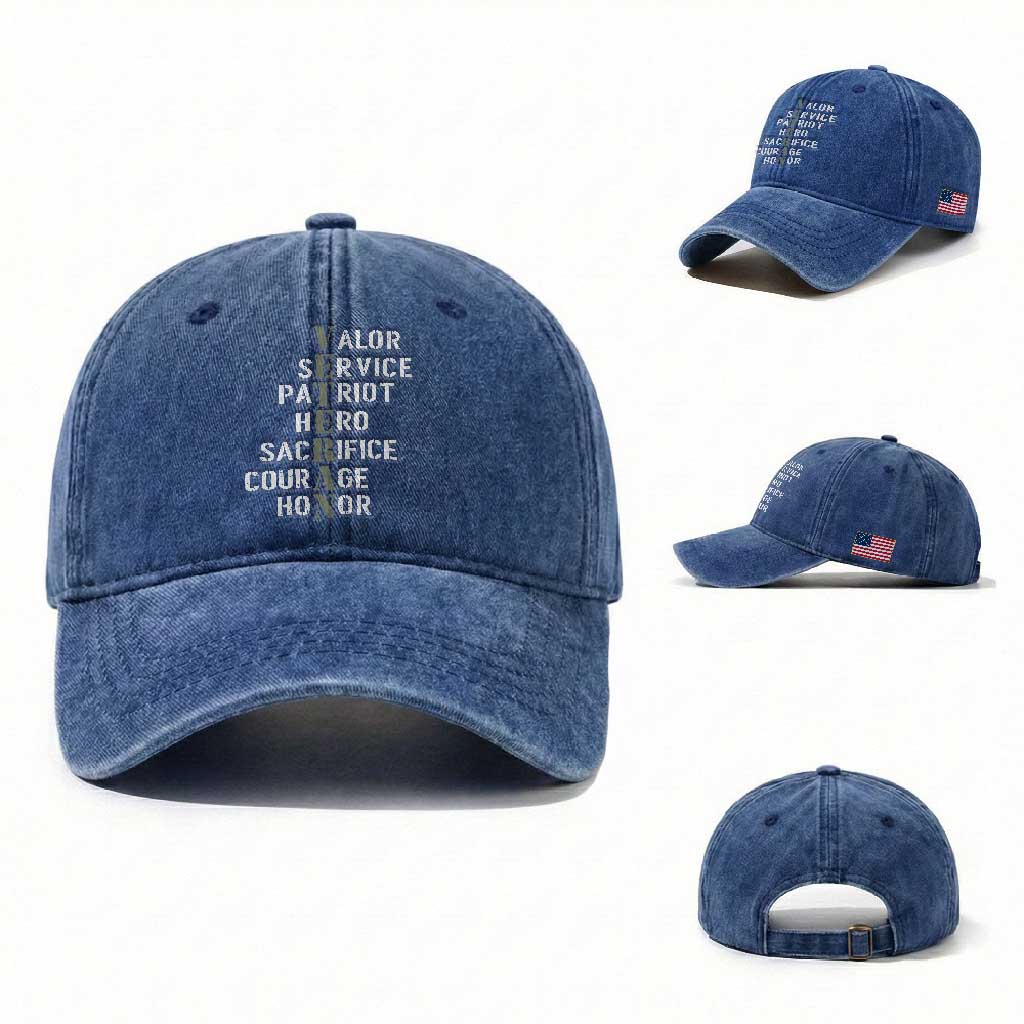 Veterans Valor Service Patriot Hero Sacrifice Courage Honor Washed Cotton Baseball Cap TS11 Washed Cap Universal Fit Royal Blue Print Your Wear