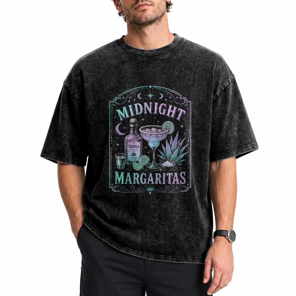 Midnight Margaritas Halloween Witch Cocktail Lover Washed Cotton T-Shirt