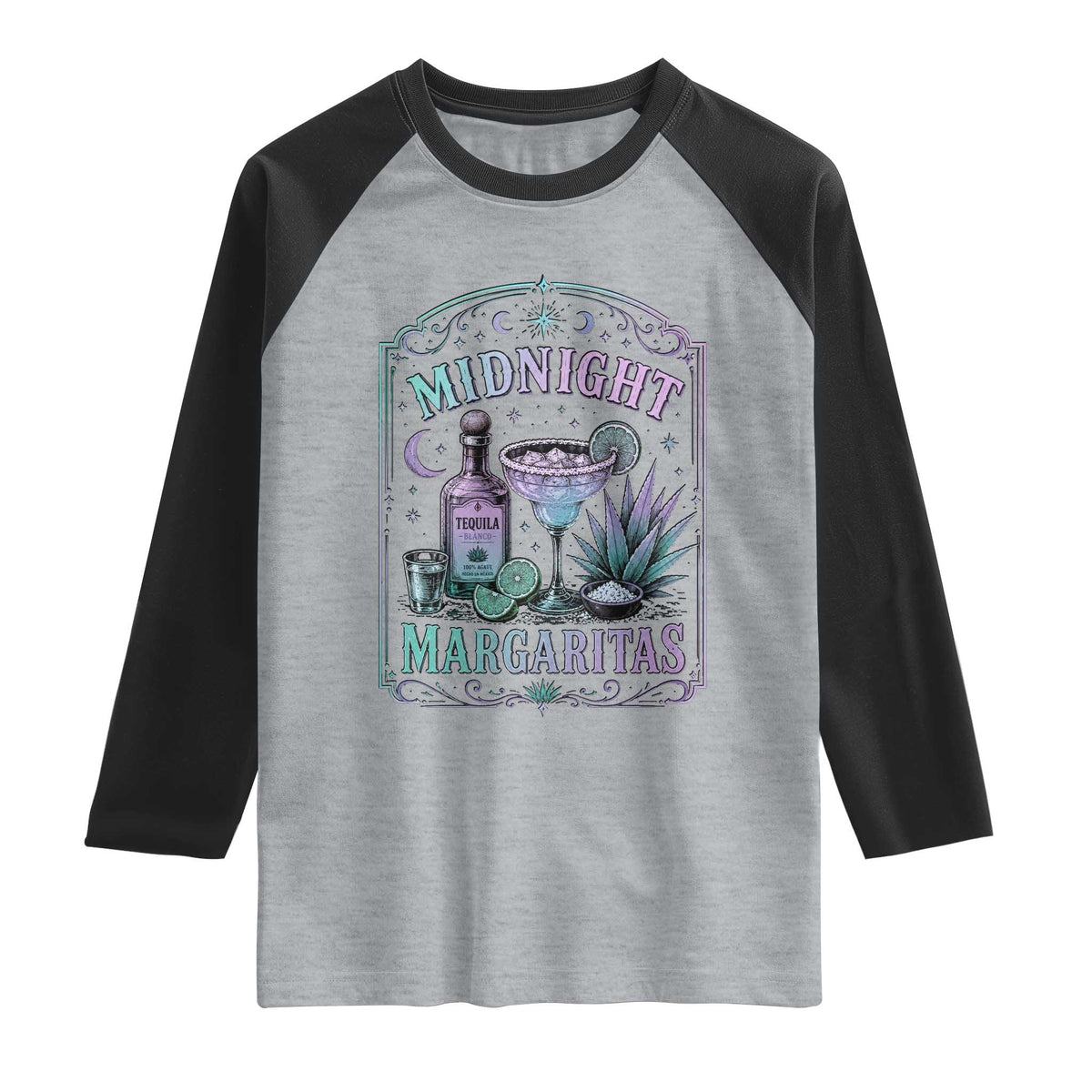 Midnight Margaritas Halloween Witch Cocktail Lover Raglan Shirt TS11 Heather Gray Black Print Your Wear