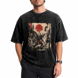 Samurai Mothman Japanese Vintage Graphic Ukiyo e Art Washed Cotton T-Shirt Funny Cryptids