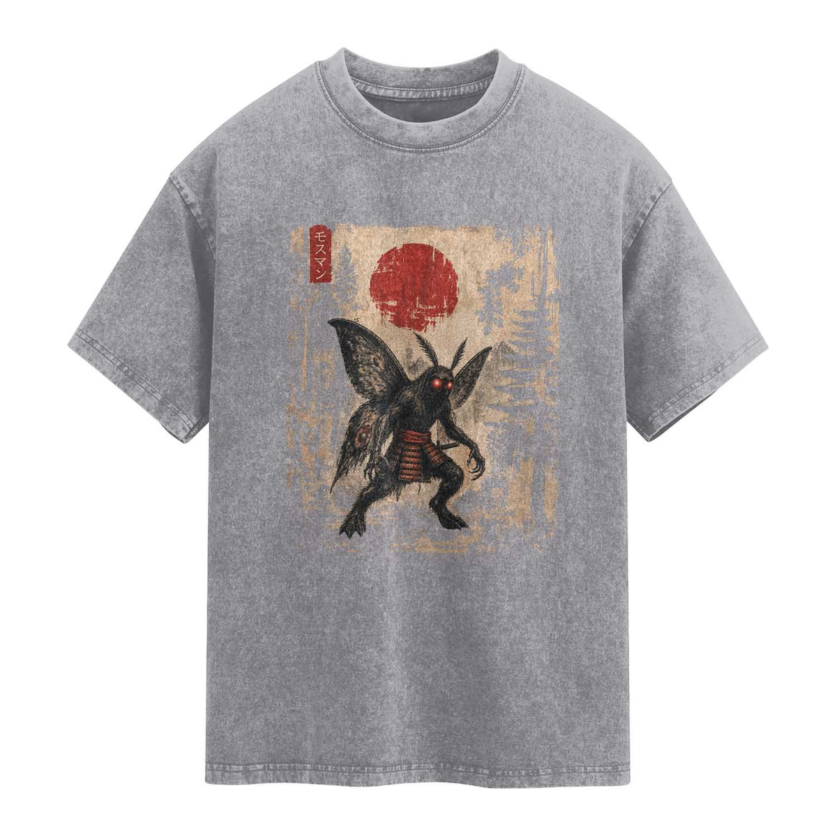 Samurai Mothman Japanese Vintage Graphic Ukiyo e Art Washed Cotton T-Shirt Funny Cryptids