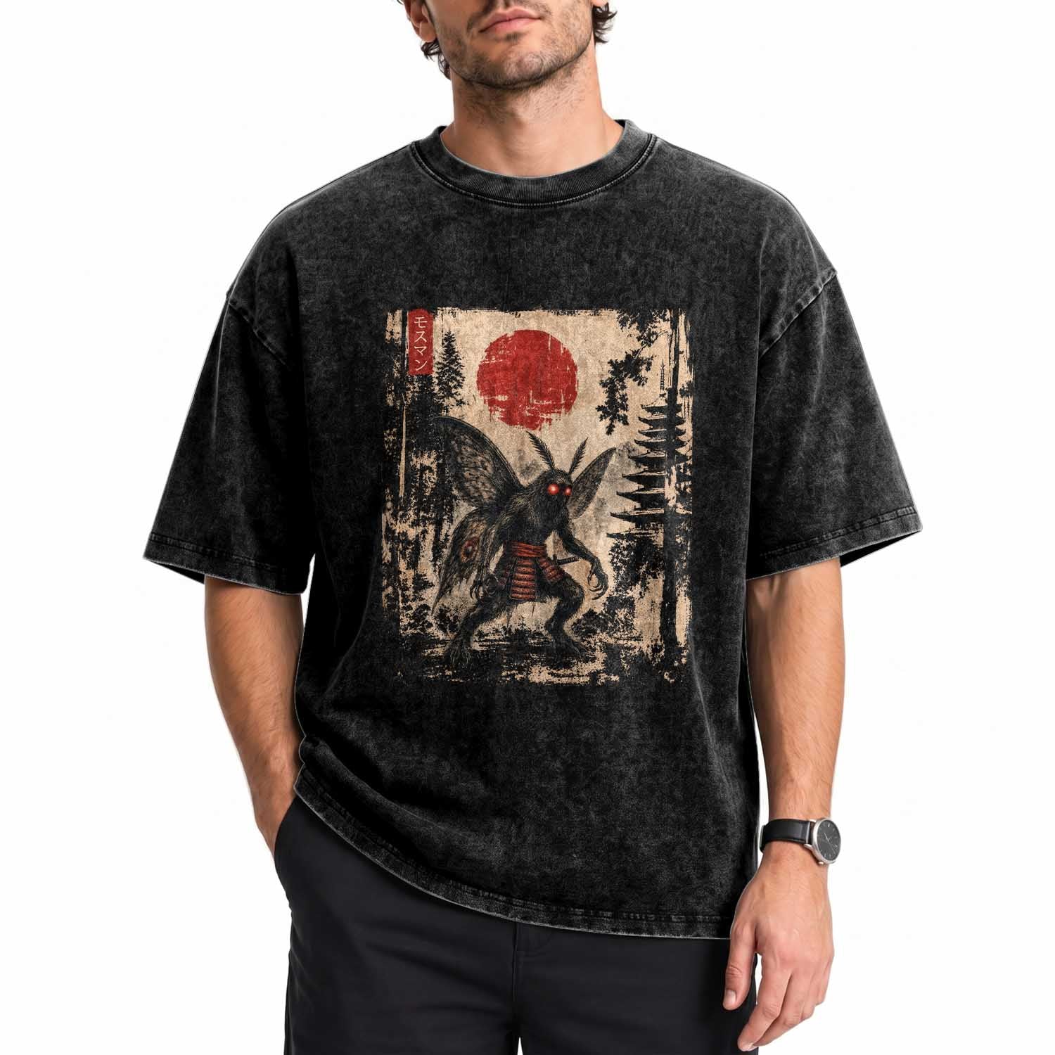 Samurai Mothman Japanese Vintage Graphic Ukiyo e Art Washed Cotton T-Shirt Funny Cryptids