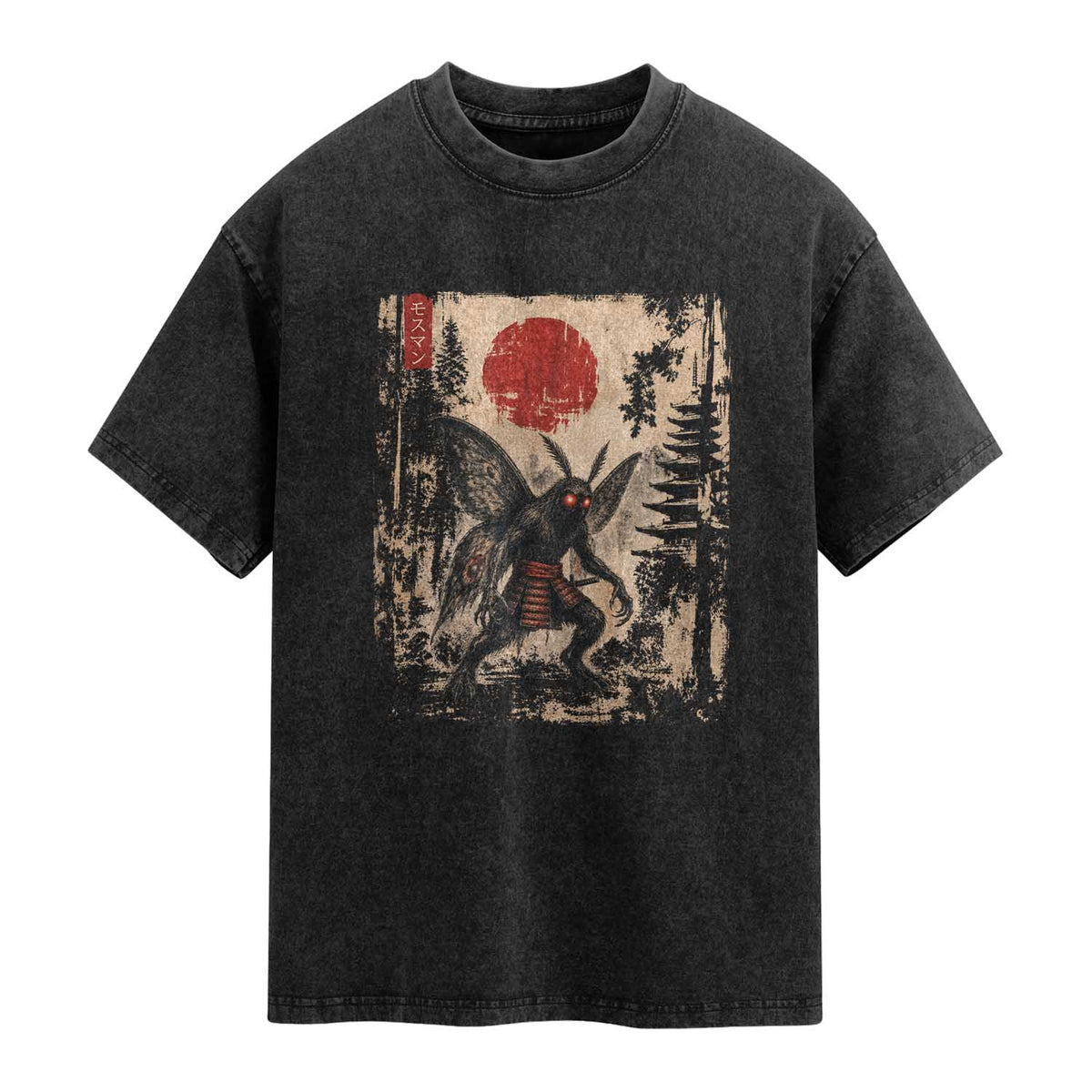 Samurai Mothman Japanese Vintage Graphic Ukiyo e Art Washed Cotton T-Shirt Funny Cryptids