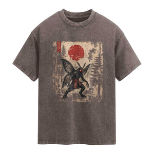 Samurai Mothman Japanese Vintage Graphic Ukiyo e Art Washed Cotton T-Shirt Funny Cryptids