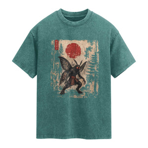 Samurai Mothman Japanese Vintage Graphic Ukiyo e Art Washed Cotton T-Shirt Funny Cryptids
