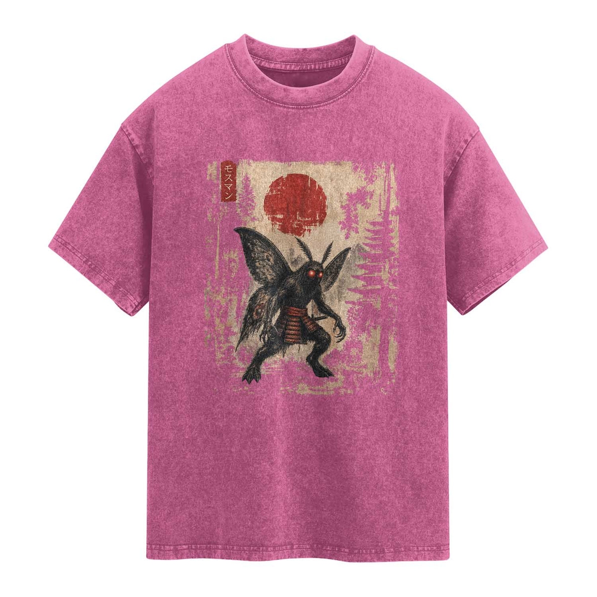 Samurai Mothman Japanese Vintage Graphic Ukiyo e Art Washed Cotton T-Shirt Funny Cryptids