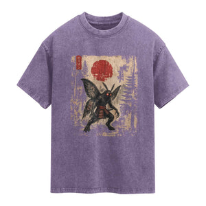 Samurai Mothman Japanese Vintage Graphic Ukiyo e Art Washed Cotton T-Shirt Funny Cryptids
