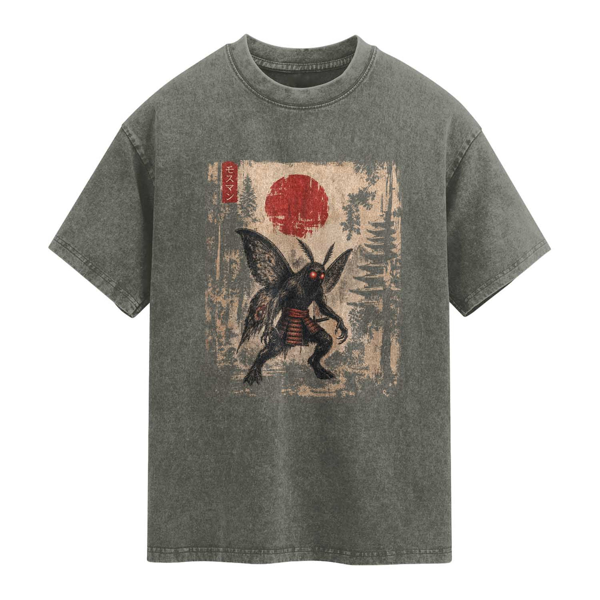 Samurai Mothman Japanese Vintage Graphic Ukiyo e Art Washed Cotton T-Shirt Funny Cryptids