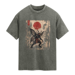 Samurai Mothman Japanese Vintage Graphic Ukiyo e Art Washed Cotton T-Shirt Funny Cryptids