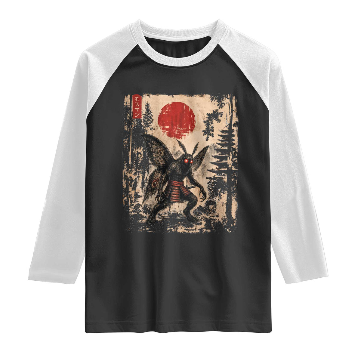 Samurai Mothman Japanese Vintage Graphic Ukiyo e Art Raglan Shirt Funny Cryptids