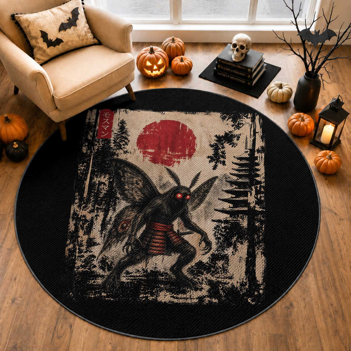 Samurai Mothman Japanese Vintage Graphic Ukiyo e Art Round Rug Funny Cryptids