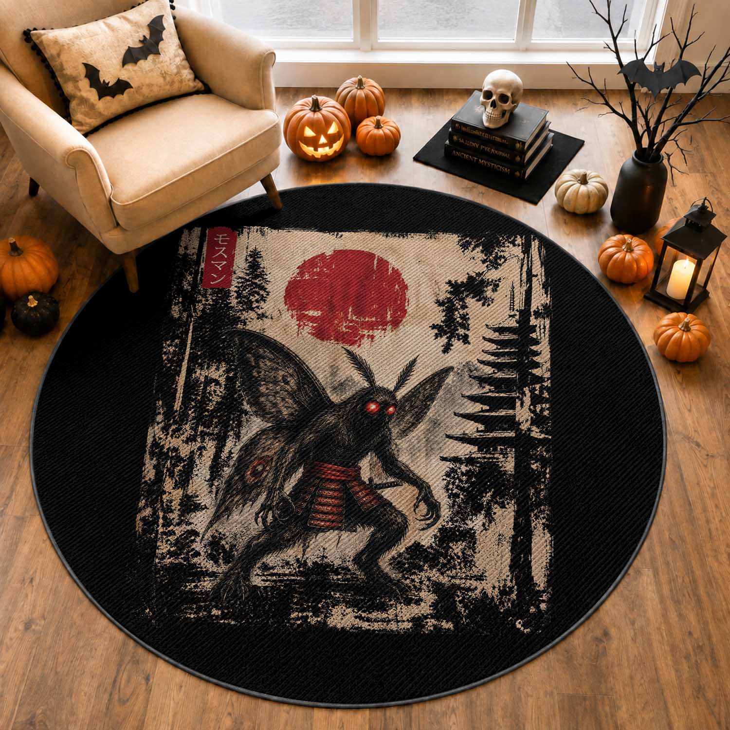 Samurai Mothman Japanese Vintage Graphic Ukiyo e Art Round Rug Funny Cryptids