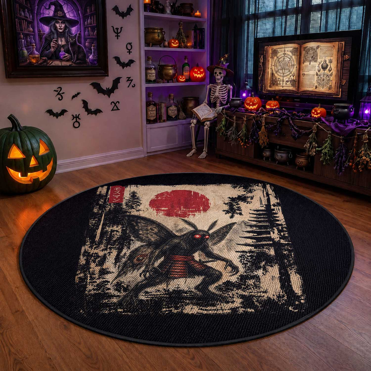 Samurai Mothman Japanese Vintage Graphic Ukiyo e Art Round Rug Funny Cryptids
