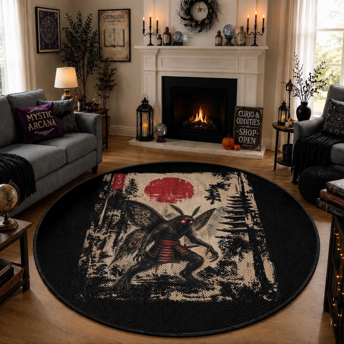 Samurai Mothman Japanese Vintage Graphic Ukiyo e Art Round Rug Funny Cryptids