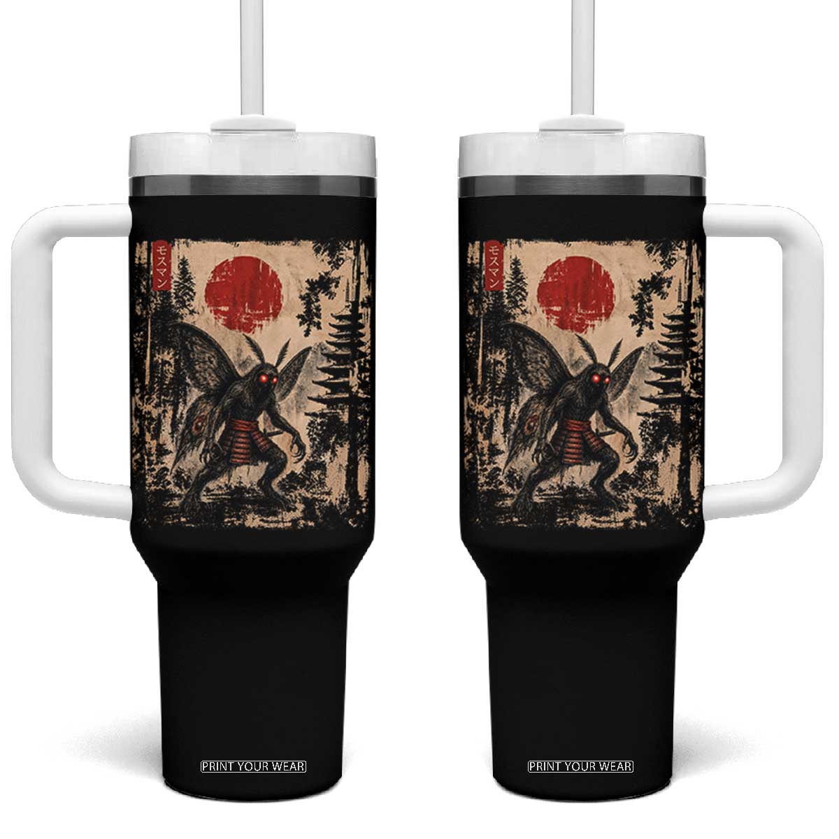 Samurai Mothman Japanese Vintage Graphic Ukiyo e Art Tumbler With Handle Funny Cryptids