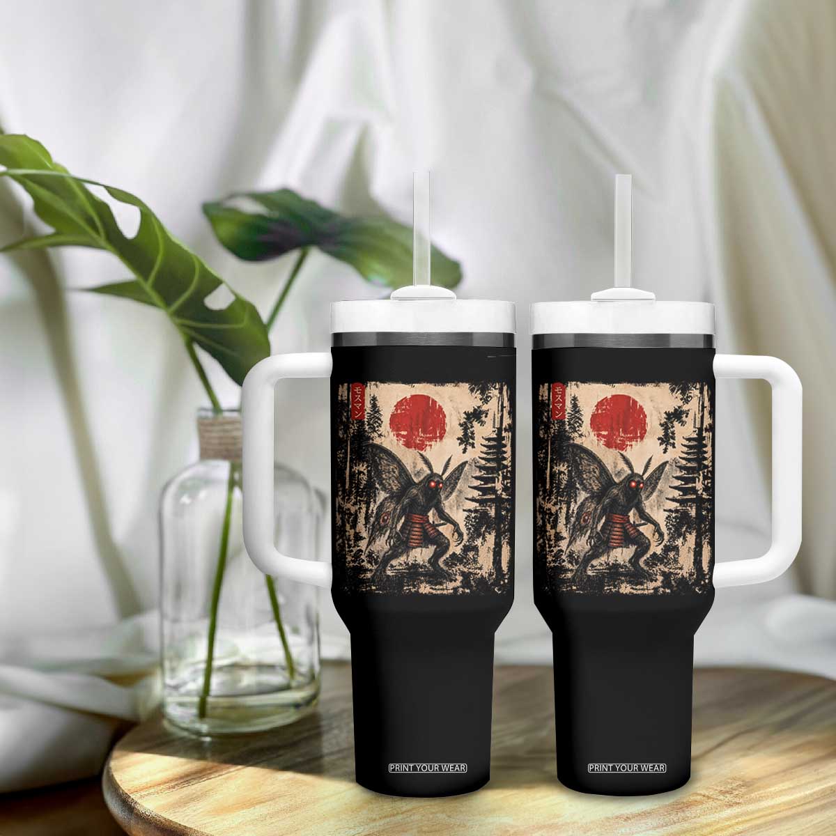 Samurai Mothman Japanese Vintage Graphic Ukiyo e Art Tumbler With Handle Funny Cryptids