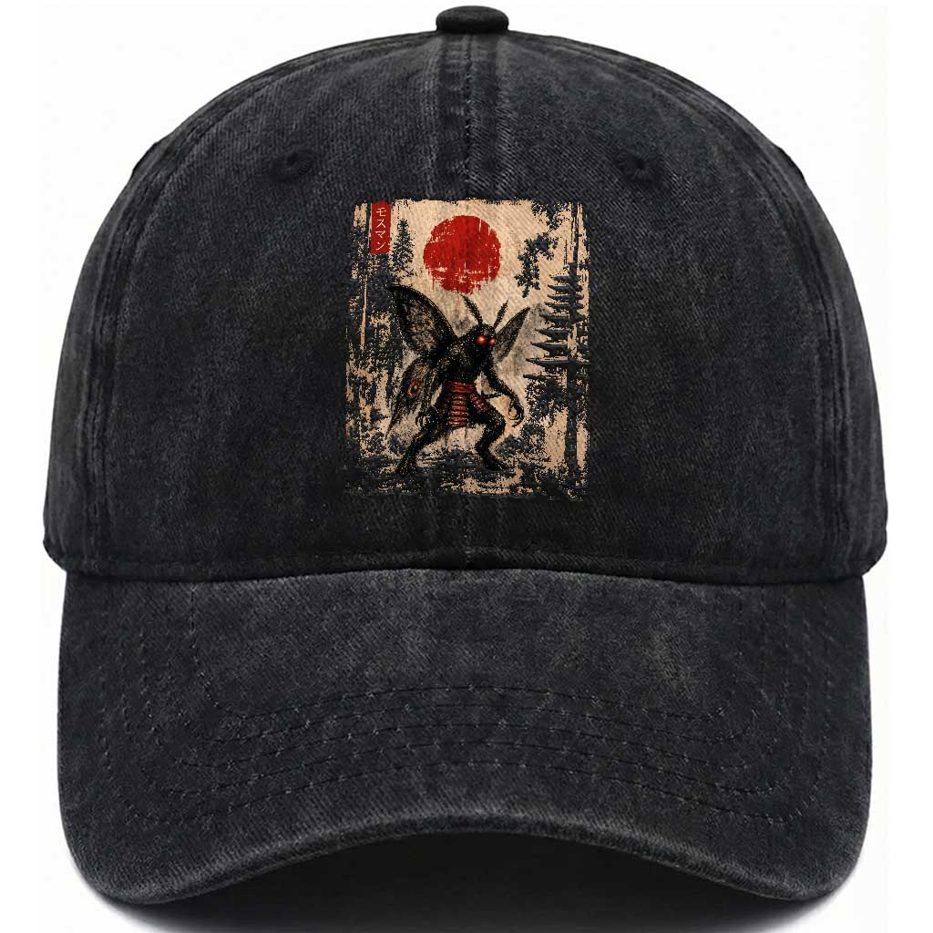 Samurai Mothman Japanese Vintage Graphic Ukiyo e Art Washed Cotton Baseball Cap Funny Cryptids