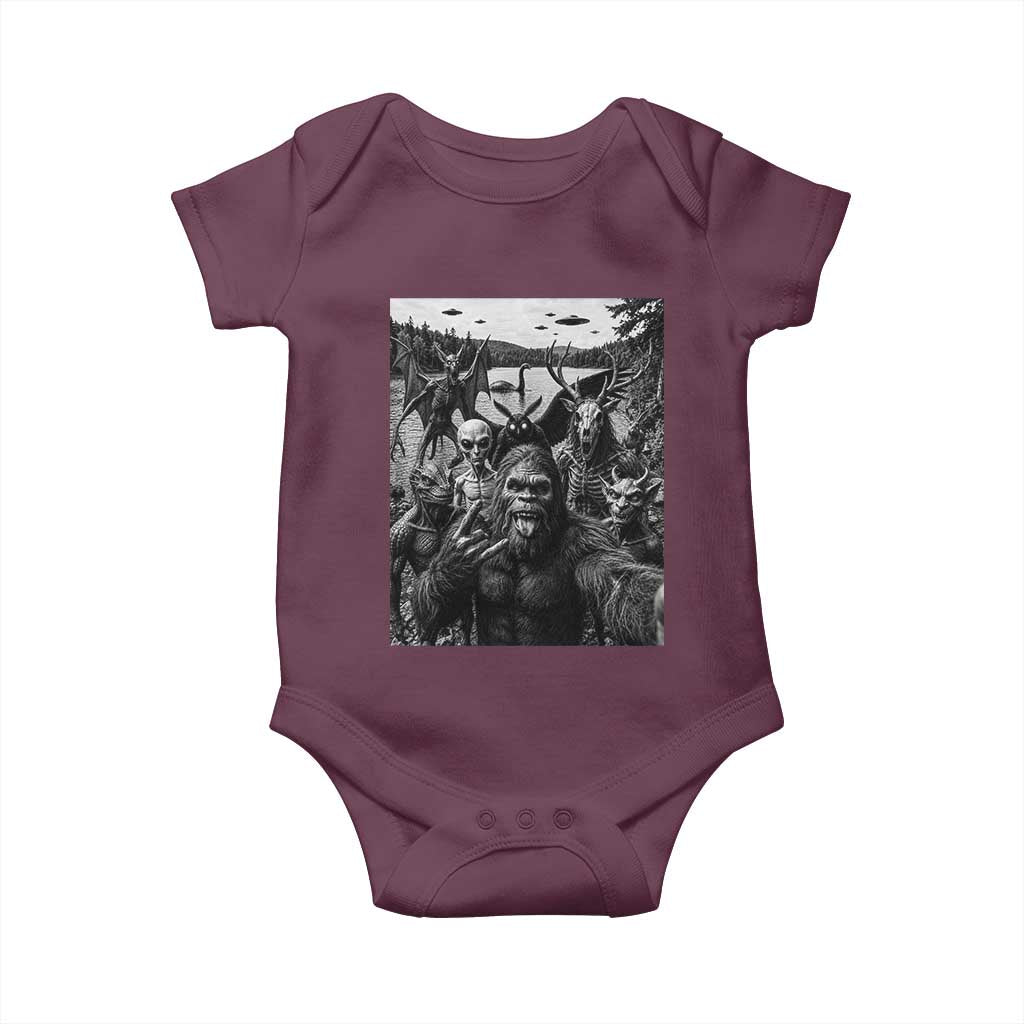 Funny Cryptid Creatures Selfie Baby Onesie Bigfoot Alien Cryptozoology Fantasy Mythical Monsters TS11 Maroon Print Your Wear