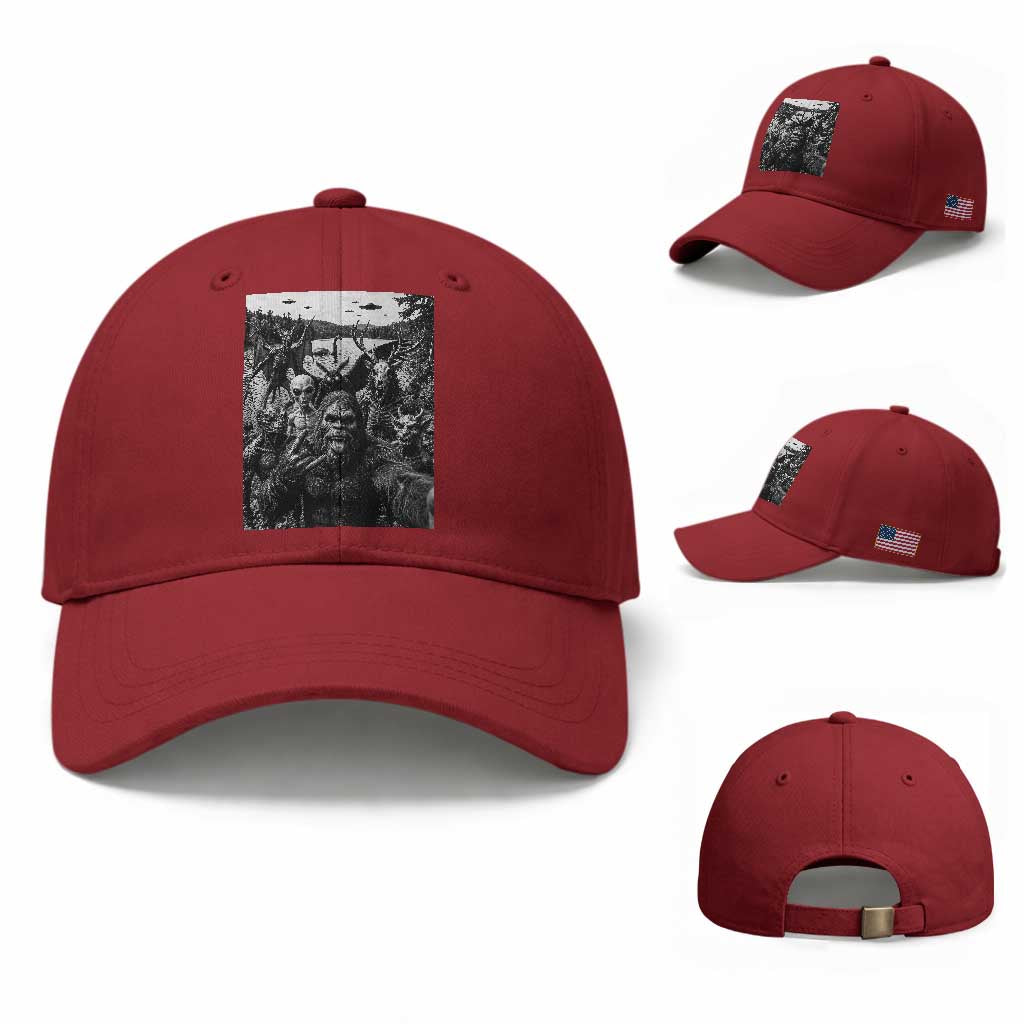 Funny Cryptid Creatures Selfie Baseball Cap Bigfoot Alien Cryptozoology Fantasy Mythical Monsters TS11 Baseball Cap Universal Fit Cherry Red Print Your Wear