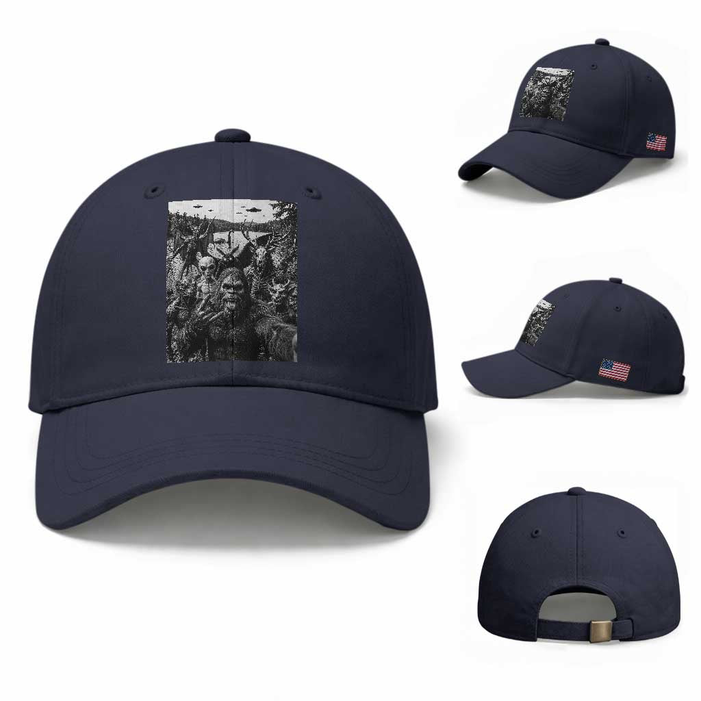 Funny Cryptid Creatures Selfie Baseball Cap Bigfoot Alien Cryptozoology Fantasy Mythical Monsters TS11 Baseball Cap Universal Fit Navy Print Your Wear