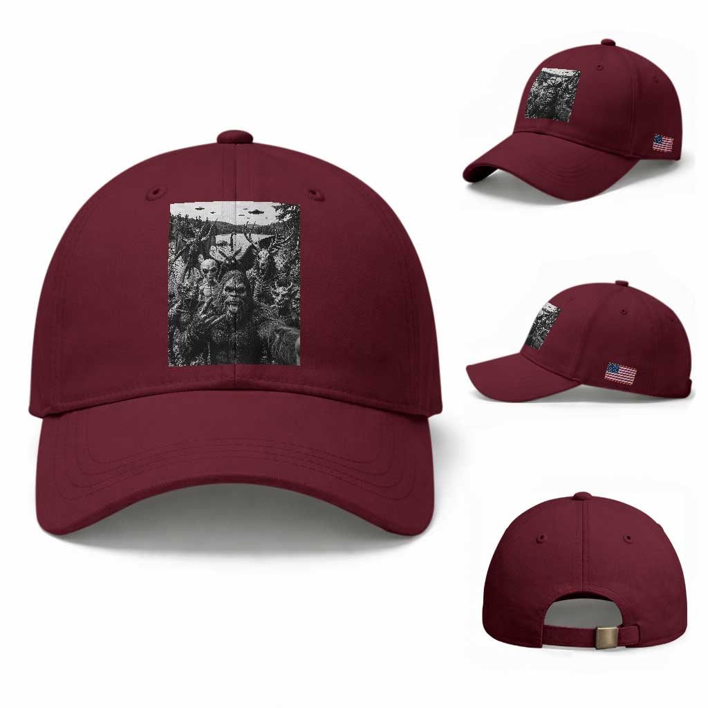 Funny Cryptid Creatures Selfie Baseball Cap Bigfoot Alien Cryptozoology Fantasy Mythical Monsters TS11 Baseball Cap Universal Fit Maroon Print Your Wear
