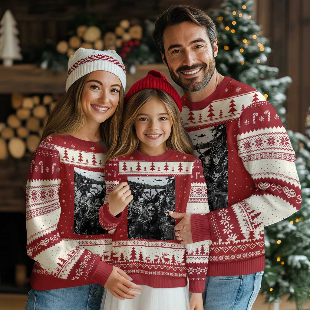 Funny Cryptid Creatures Selfie Ugly Christmas Sweater Bigfoot Alien Cryptozoology Fantasy Mythical Monsters TS11 Red Beige Print Your Wear