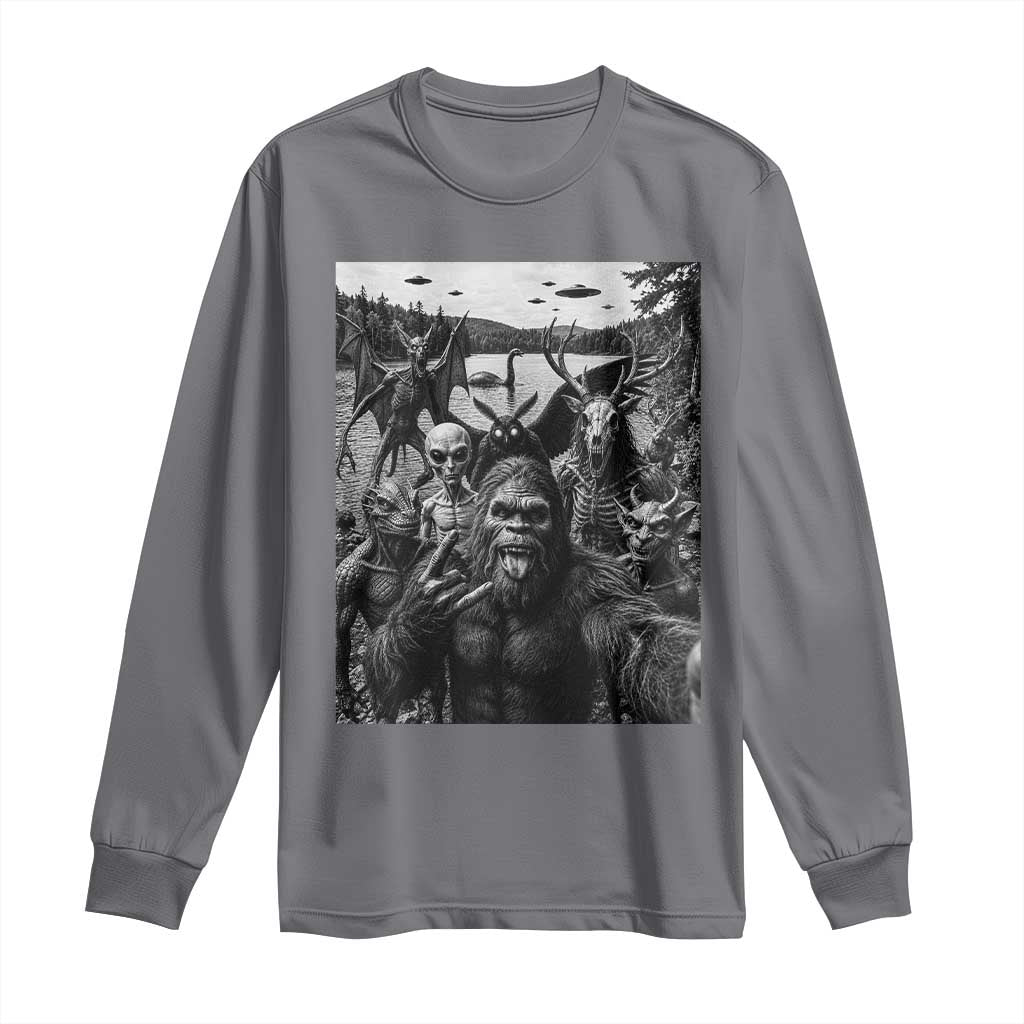 Funny Cryptid Creatures Selfie Long Sleeve Shirt Bigfoot Alien Cryptozoology Fantasy Mythical Monsters TS11 Charcoal Print Your Wear