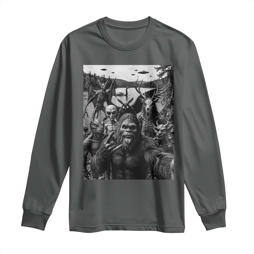 Funny Cryptid Creatures Selfie Long Sleeve Shirt Bigfoot Alien Cryptozoology Fantasy Mythical Monsters TS11 Dark Heather Print Your Wear
