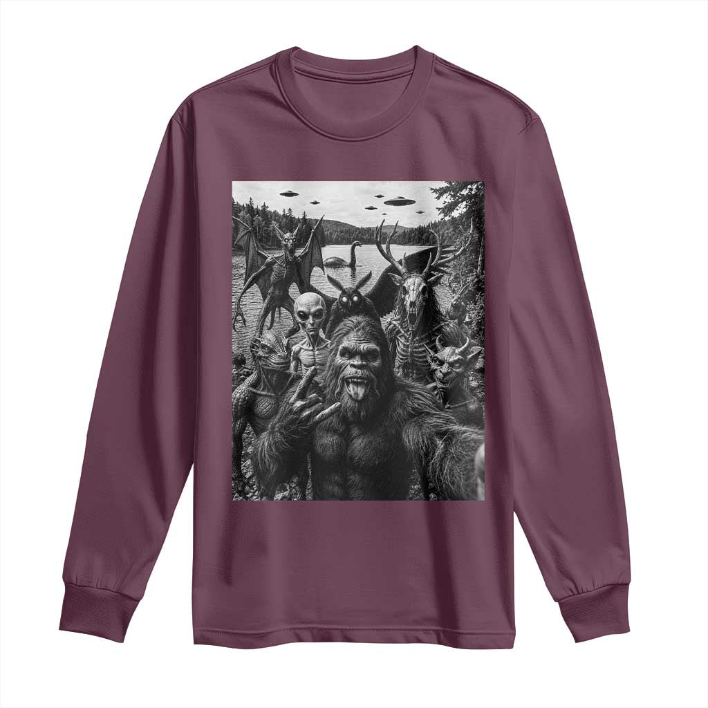 Funny Cryptid Creatures Selfie Long Sleeve Shirt Bigfoot Alien Cryptozoology Fantasy Mythical Monsters TS11 Maroon Print Your Wear
