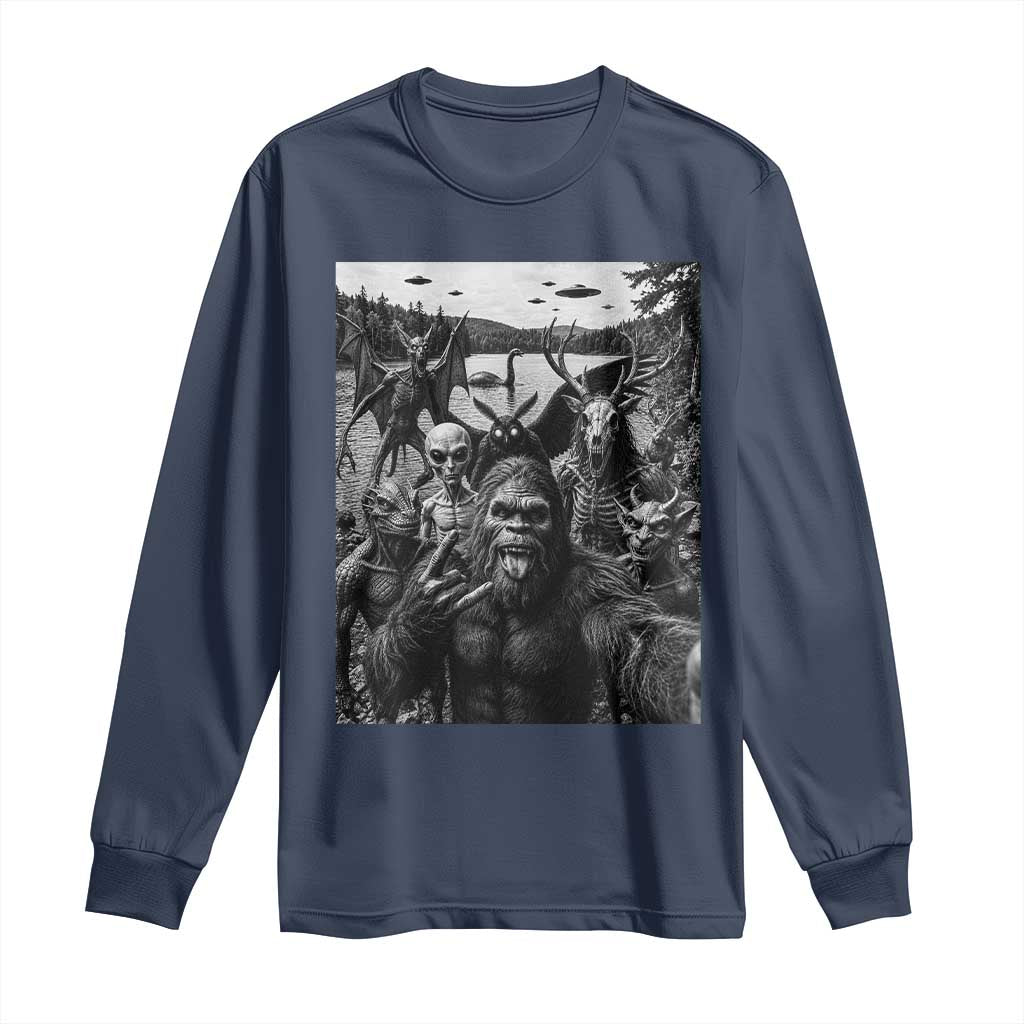 Funny Cryptid Creatures Selfie Long Sleeve Shirt Bigfoot Alien Cryptozoology Fantasy Mythical Monsters TS11 Navy Print Your Wear