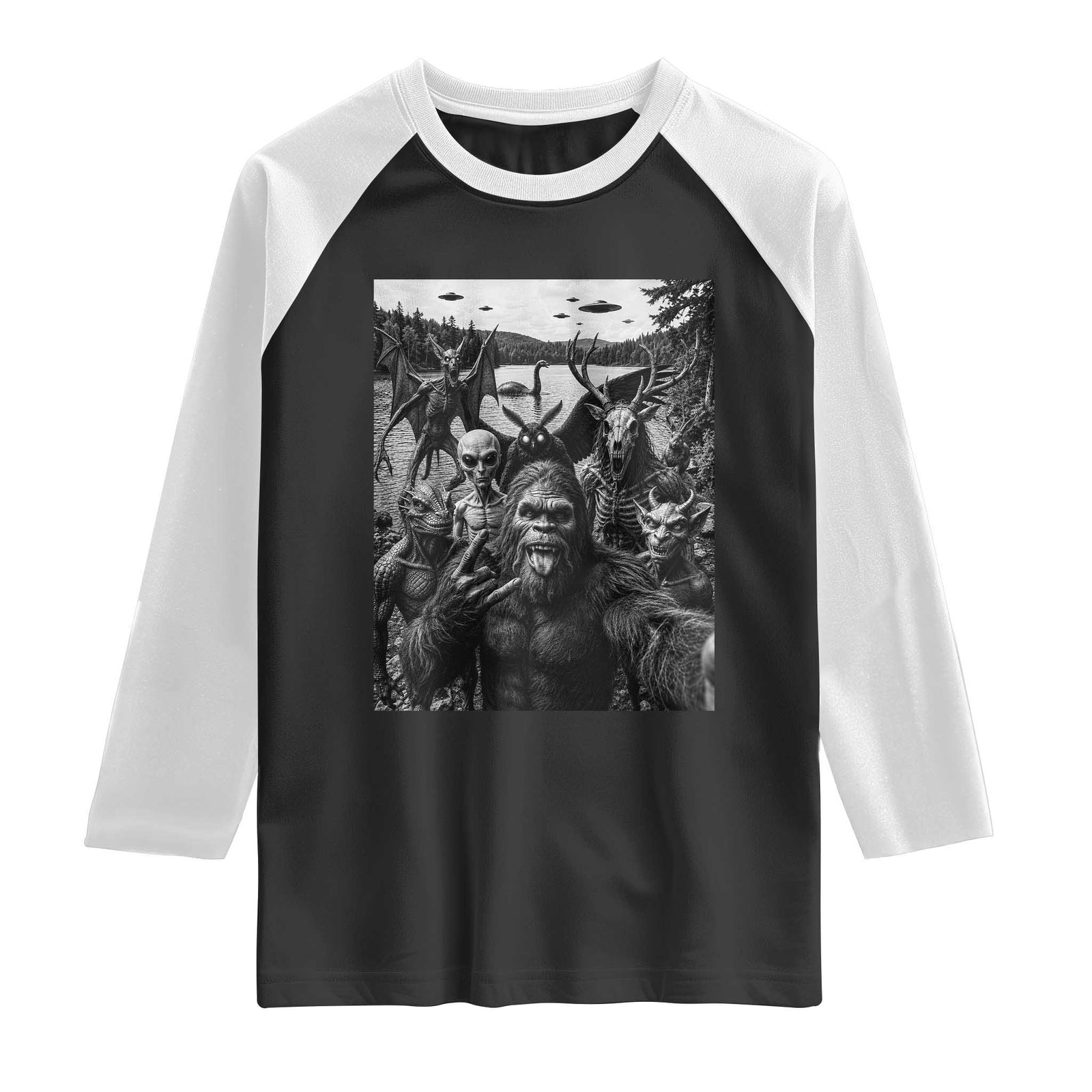 Funny Cryptid Creatures Selfie Raglan Shirt Bigfoot Alien Cryptozoology Fantasy Mythical Monsters TS11 Black White Print Your Wear