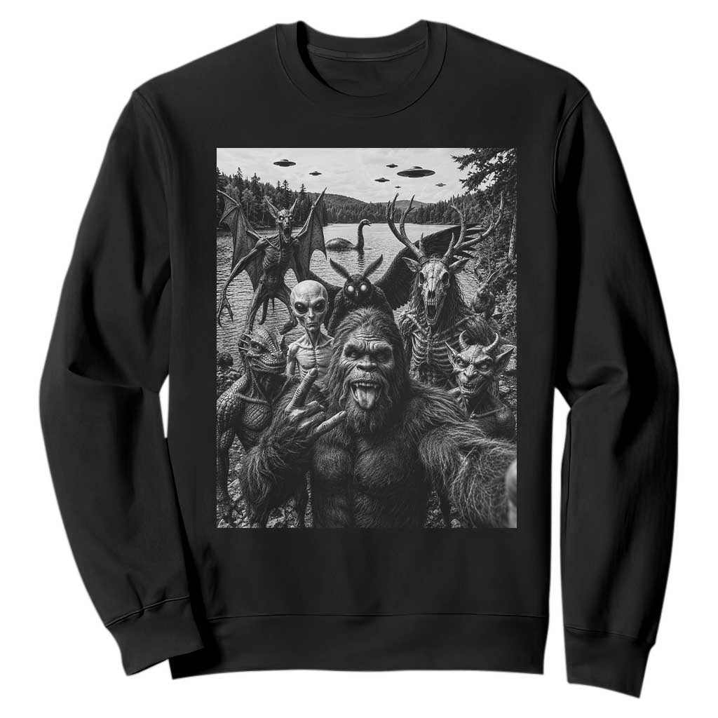 Funny Cryptid Creatures Selfie Sweatshirt Bigfoot Alien Cryptozoology Fantasy Mythical Monsters TS11 Black Print Your Wear