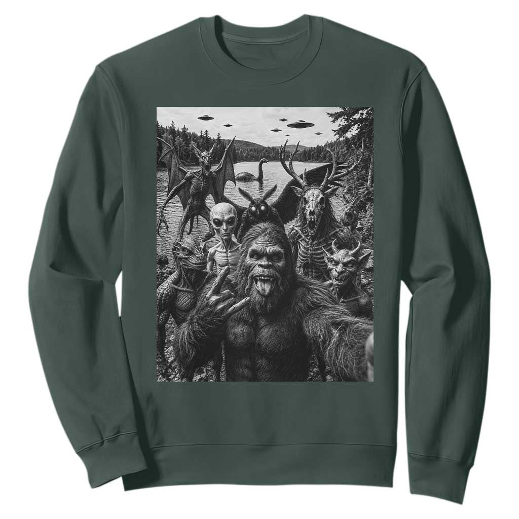 Funny Cryptid Creatures Selfie Sweatshirt Bigfoot Alien Cryptozoology Fantasy Mythical Monsters TS11 Dark Forest Green Print Your Wear