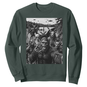 Funny Cryptid Creatures Selfie Sweatshirt Bigfoot Alien Cryptozoology Fantasy Mythical Monsters TS11 Dark Forest Green Print Your Wear