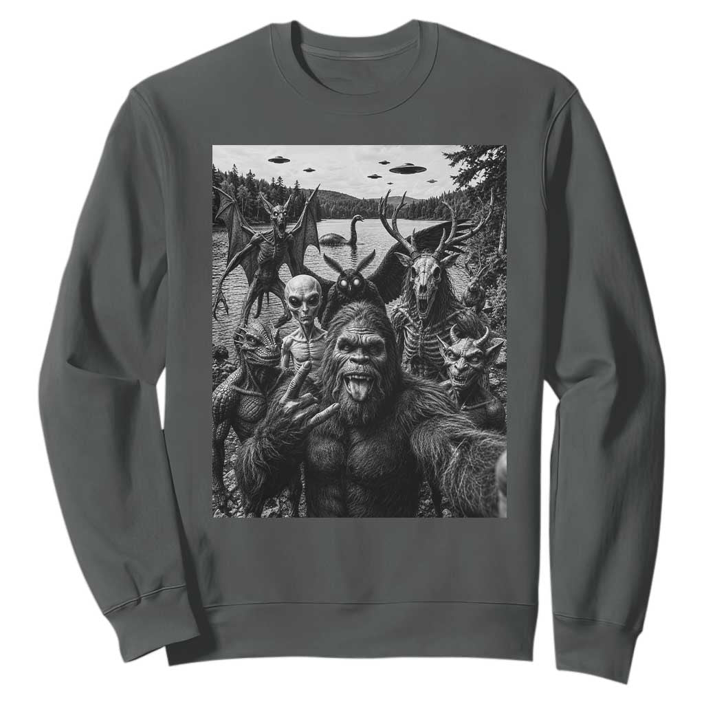 Funny Cryptid Creatures Selfie Sweatshirt Bigfoot Alien Cryptozoology Fantasy Mythical Monsters TS11 Dark Heather Print Your Wear