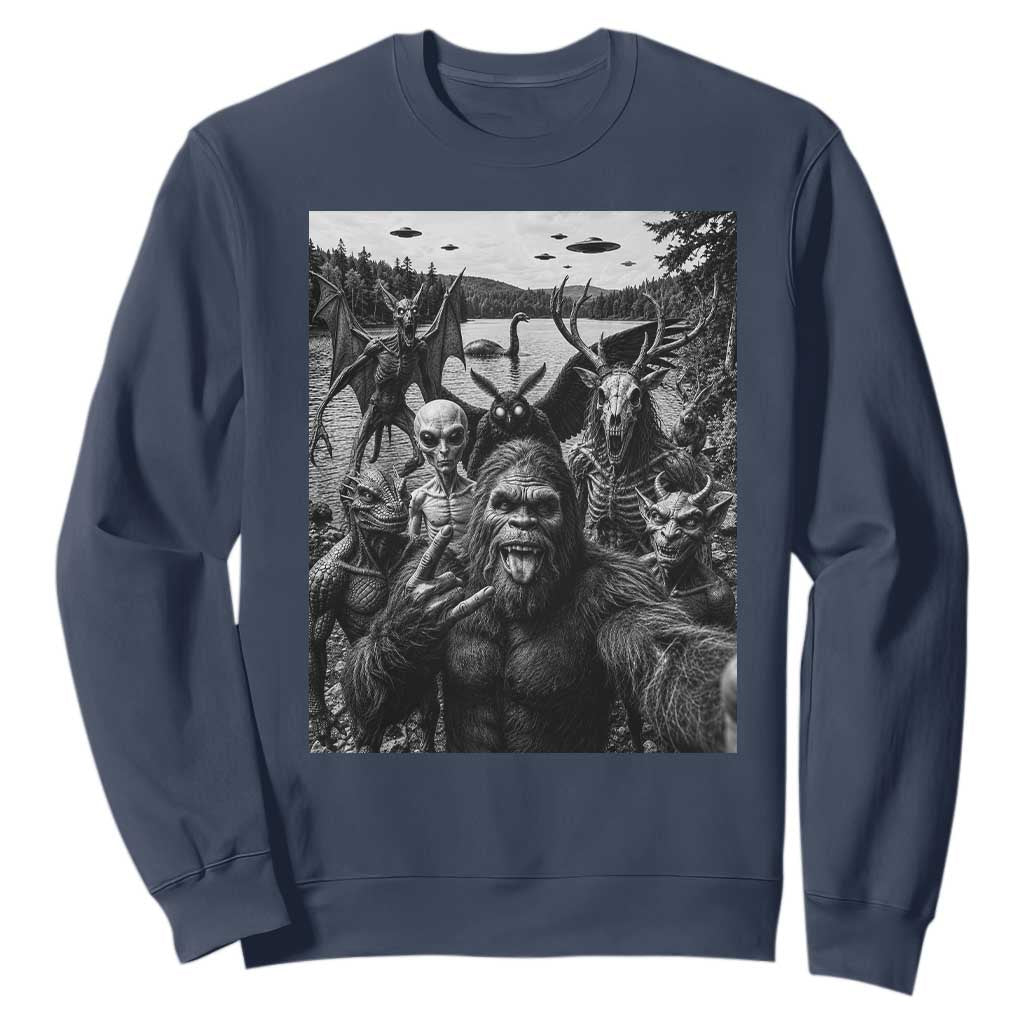 Funny Cryptid Creatures Selfie Sweatshirt Bigfoot Alien Cryptozoology Fantasy Mythical Monsters TS11 Navy Print Your Wear