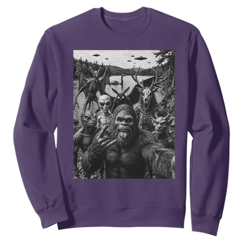 Funny Cryptid Creatures Selfie Sweatshirt Bigfoot Alien Cryptozoology Fantasy Mythical Monsters TS11 Purple Print Your Wear