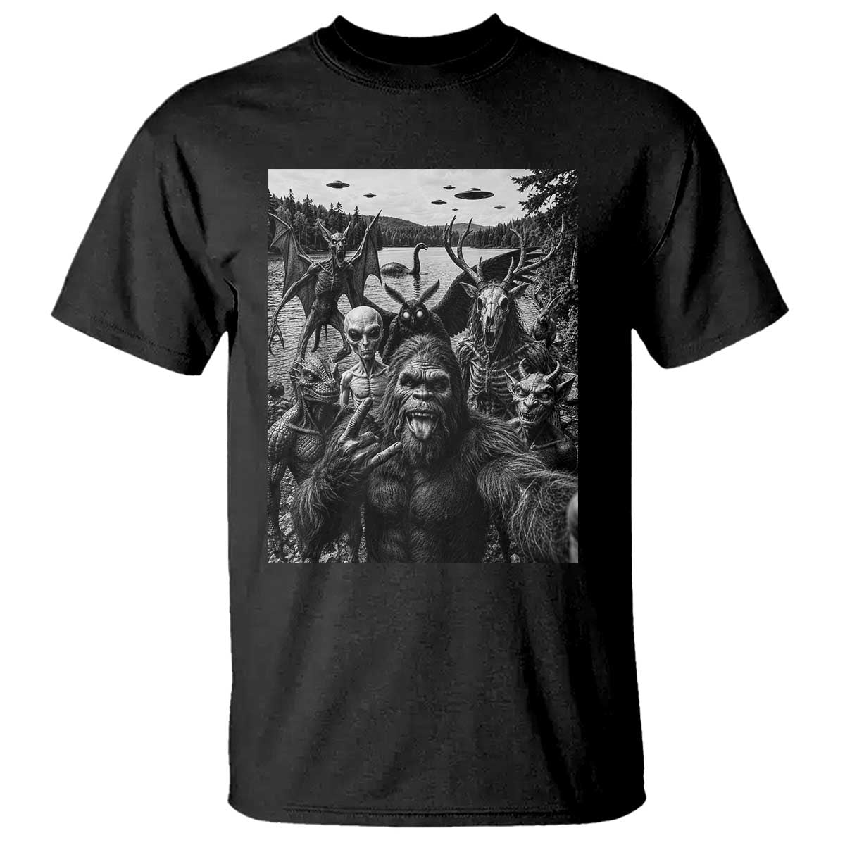 Funny Cryptid Creatures Selfie T Shirt Bigfoot Alien Cryptozoology Fantasy Mythical Monsters TS11 Black Print Your Wear