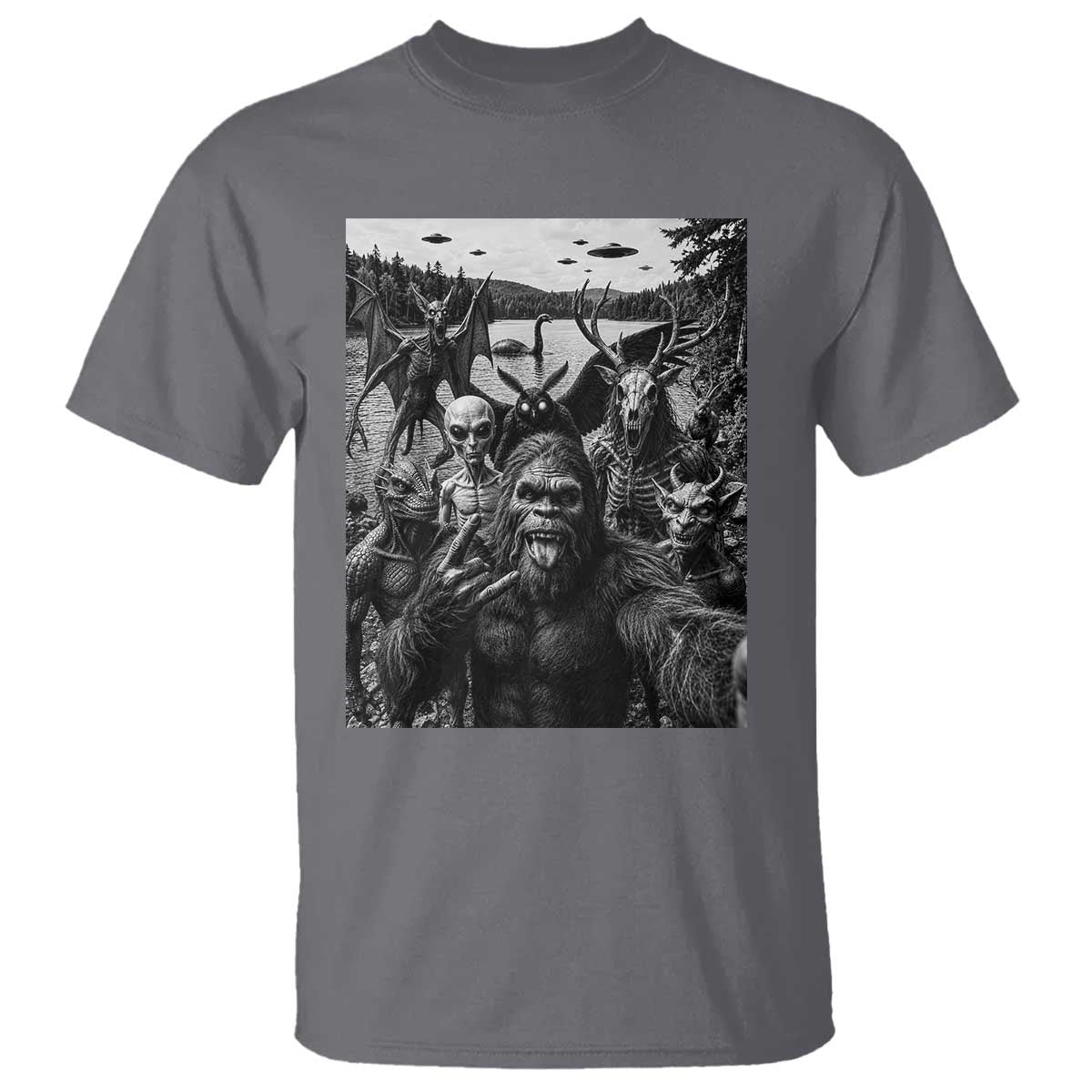 Funny Cryptid Creatures Selfie T Shirt Bigfoot Alien Cryptozoology Fantasy Mythical Monsters TS11 Charcoal Print Your Wear