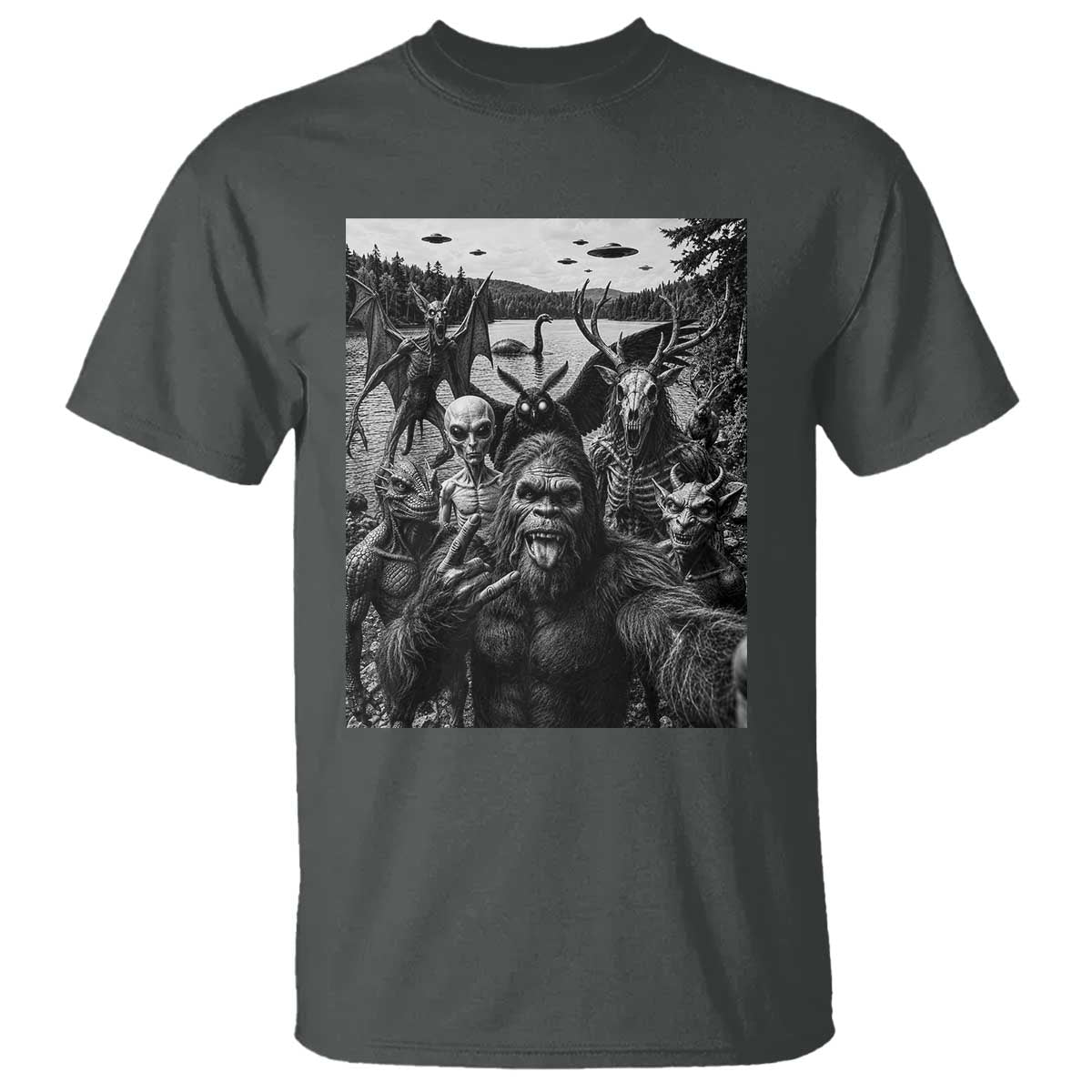Funny Cryptid Creatures Selfie T Shirt Bigfoot Alien Cryptozoology Fantasy Mythical Monsters TS11 Dark Heather Print Your Wear