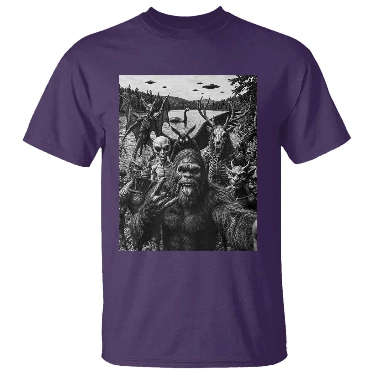 Funny Cryptid Creatures Selfie T Shirt Bigfoot Alien Cryptozoology Fantasy Mythical Monsters TS11 Purple Print Your Wear