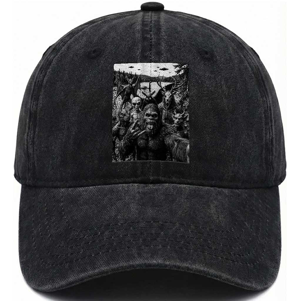 Funny Cryptid Creatures Selfie Washed Cotton Baseball Cap Bigfoot Alien Cryptozoology Fantasy Mythical Monsters TS11 Print Your Wear
